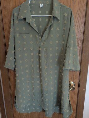 Bathing Suit Cover-up Shirt Shift Dress Khaki Green Polka Dot Blooming Jelly- XL